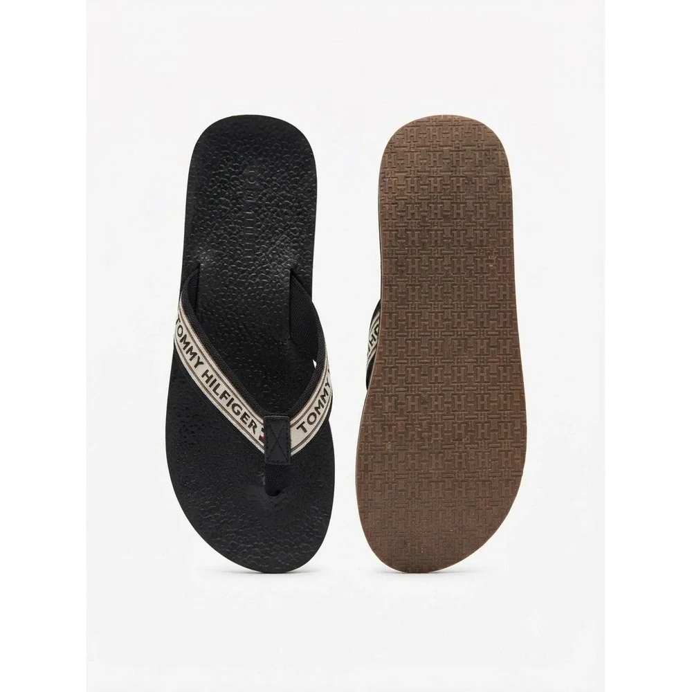 Tommy Hilfiger Mens Black White Logo Strap Flip Flop Thong Sandals Beach 10.5